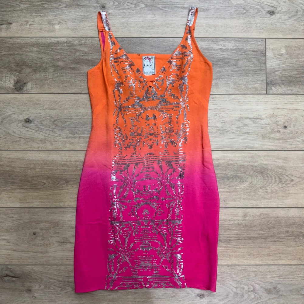 Yoana Baraschi Orange Pink Ombre Sequin Open Back Mini Dress Size 2 Womens READ